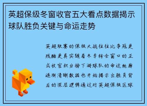 英超保级冬窗收官五大看点数据揭示球队胜负关键与命运走势